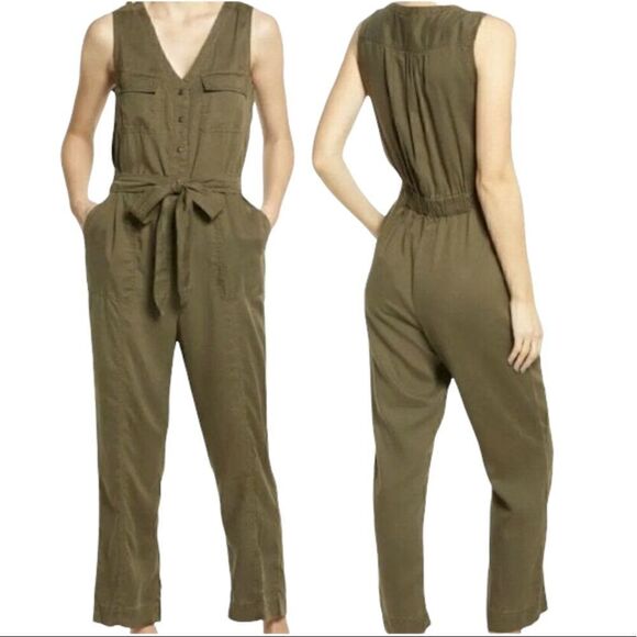 SUSINA MILITARY CARGO JUMPSUIT BUTTON FRONT SLEEVELESS OLIVE ARMY GREEN XS NWT - Picture 3 of 10